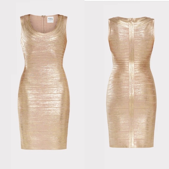 Herve Leger Gold Foil Scoop Neck Bandage Dress - Picture 2 of 10